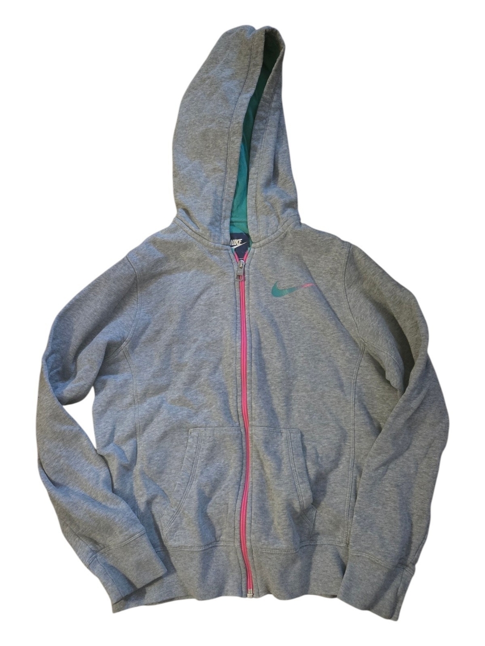 Nike Gray Kids Zip Hoodie with Pink Zipper and Teal Swoosh Size L